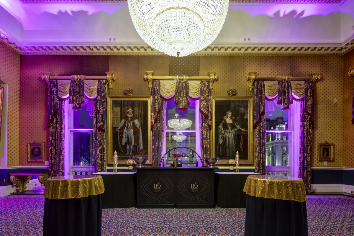 the Waterloo room setup for a Christmas event at 116 Pall Mall